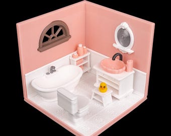 Miniature Bathroom Room Box – 3D Printed Diorama – Dollhouse Style Bath Scene – Desk Shelf Display