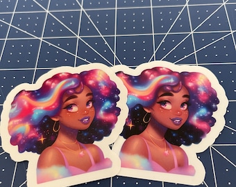 May include: Two stickers featuring a cartoon illustration of a person with brown skin and long, curly hair that resembles a galaxy. The hair is a mix of pink, blue, and purple with white stars. The person is wearing a pink top and gold jewelry.