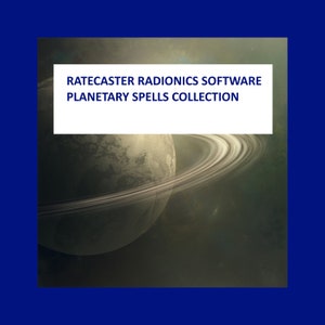 May include: A digital illustration of a planet with rings, with the text "RATECASTER RADIONICS SOFTWARE PLANETARY SPELLS COLLECTION" in a white box.