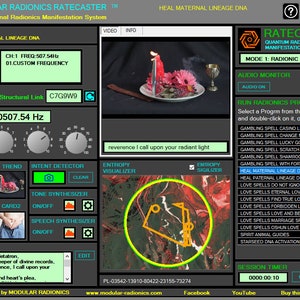 以下が含まれることがあります： 「MODULAR RADIONICS RATECASTER」と「HEAL MATERNAL LINEAGE DNA」のテキストが表示されたコンピューターインターフェース。インターフェースには、周波数設定、ビジュアライザー、「HEAL MATERNAL LINEAGE DNA」を含むプログラムのリストが表示されています。