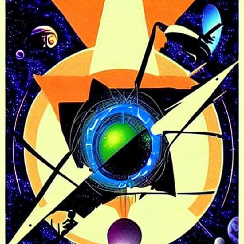 May include: Abstract art print featuring a colourful, geometric design with a blue and green circle in the centre. The design is set against a black background with white and orange accents.