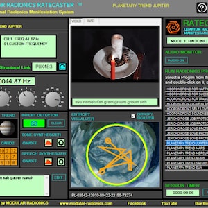 May include: A computer screen displaying a program called "Modular Radionics Ratecaster" with a variety of options for personal manifestation. The program includes a frequency generator, a tone synthesizer, and a selection of pre-programmed radionic frequencies. The screen also displays a satellite image of Earth with a yellow circle around it.
