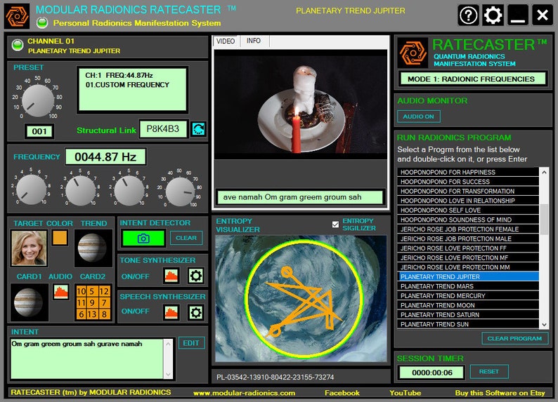 May include: A computer screen displaying a program called "Modular Radionics Ratecaster" with a variety of options for personal manifestation. The program includes a frequency generator, a tone synthesizer, and a selection of pre-programmed radionic frequencies. The screen also displays a satellite image of Earth with a yellow circle around it.