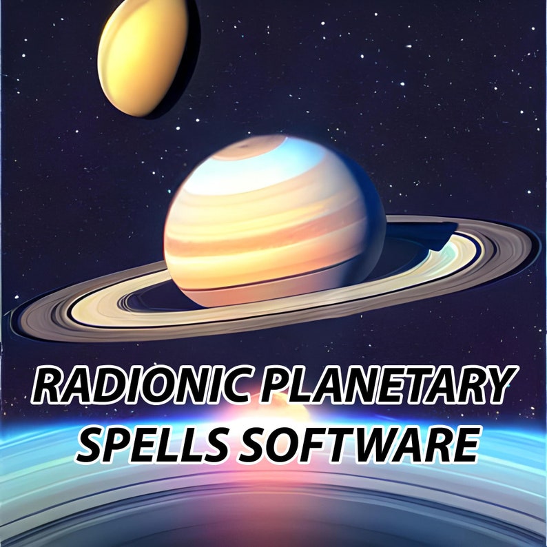 May include: A digital illustration of a planet with rings, set against a dark blue starry background. The text "RADIONIC PLANETARY SPELLS SOFTWARE" is displayed in white letters below the planet.