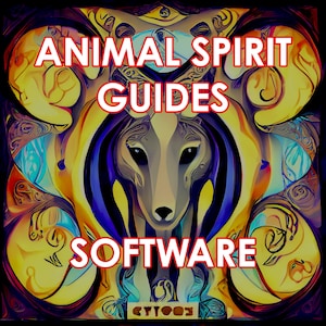 May include: An abstract digital art piece featuring a wolf-like creature at the center, surrounded by swirling patterns in shades of yellow, blue, and purple. The text "ANIMAL SPIRIT GUIDES SOFTWARE" is overlaid in a bold, red font.