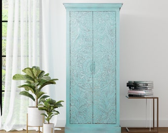 Handcrafted Green Solid Wood Armoire: Unique Carved Wooden Wardrobe