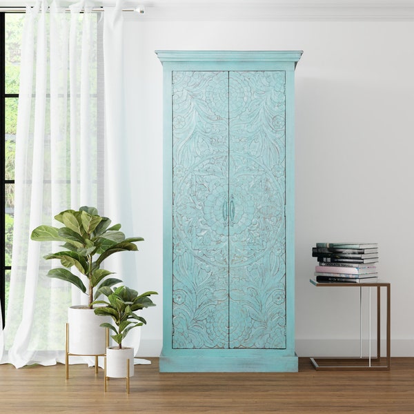 Handcrafted Green Solid Wood Armoire: Unique Carved Wooden Wardrobe