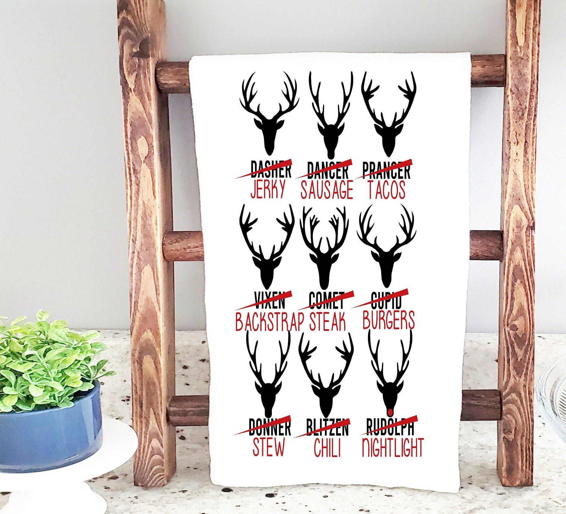 funny christmas tea towel, reindeer names wine list red buffalo plaid  kitchen towel