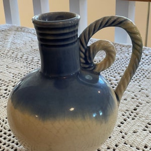 MCM Jan Dix Ceramic Vase: Blue Drip Glaze, Twisted Handle, 5&quot;