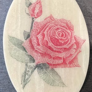 Vintage 1987 etched red rose marble Wo Di jewelry trinket box created by artist Don Wood.