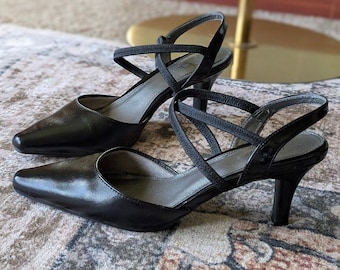 Life Stride Black Strappy Pointed-Toe Slingback Heels