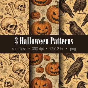 May include: Three seamless digital patterns featuring Halloween motifs on a parchment-style background. One pattern displays skulls and bones, another shows orange jack-o'-lanterns, and the third features black ravens and spiderwebs.