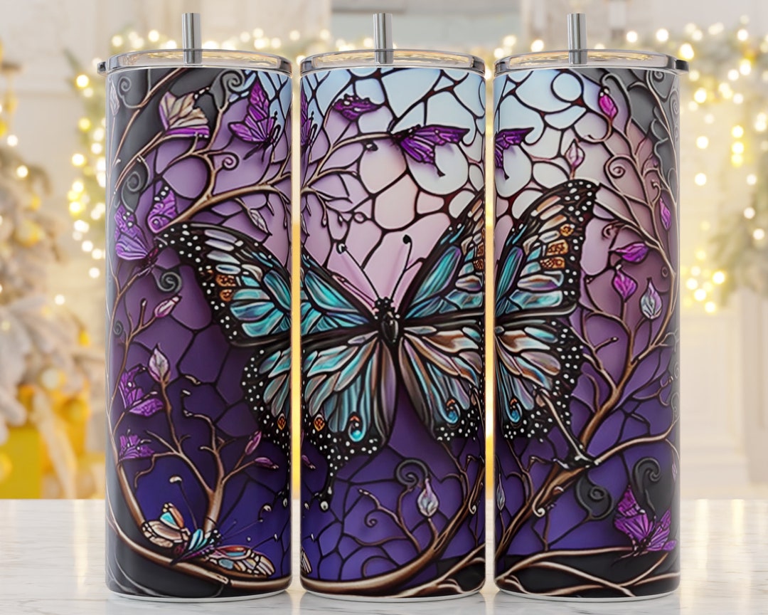 Stained Glass Style Butterfly 20 Oz Insulated Skinny Tumbler With Lid ...