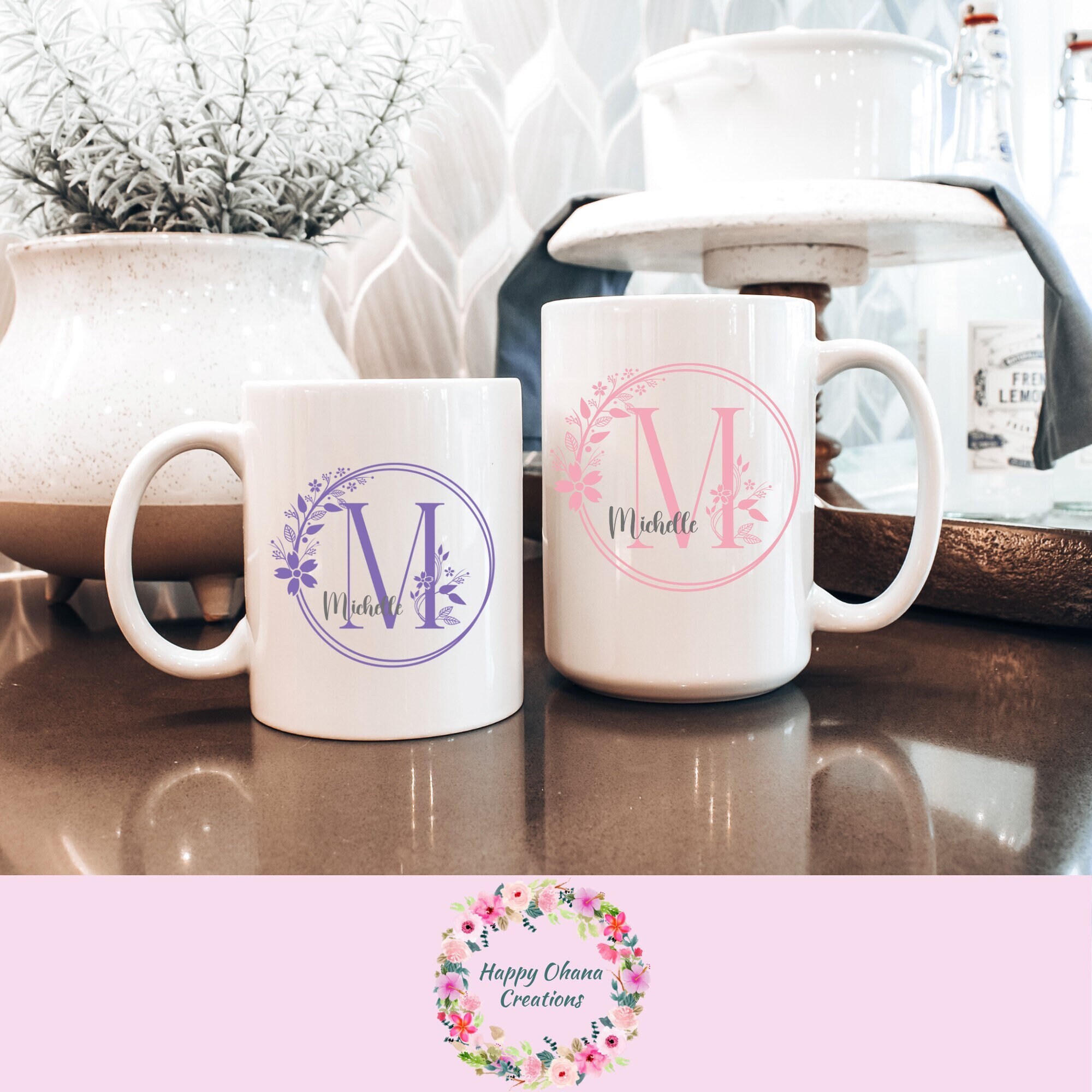 S - Custom Monogram Coffee Mugs - ADD YOUR NAME - Personalized Ceramic Cups  - 11oz