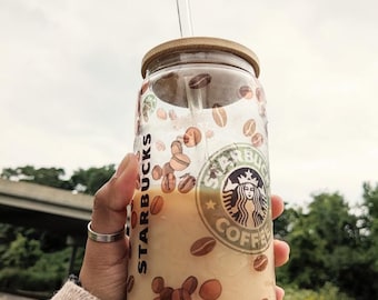 18 oz Frosted Starbucks Coffee Bean Glass Tumbler | Coffee Bean Tumbler | Starbucks Glass Tumbler with bamboo lid