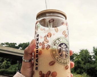 18 oz Frosted Starbucks Coffee Bean Glass Tumbler | Coffee Bean Tumbler | Starbucks Glass Tumbler with bamboo lid