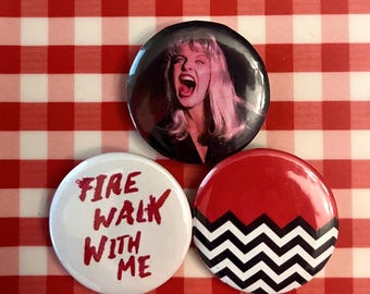 Twin Peaks Buttons, Pin Trio Set - 1.25" Laura Palmer, Fire Walk With Me, David Lynch 90s Pin Badges