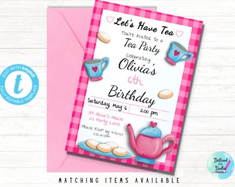 May include: Pink and white checkered tea party invitation with a teapot, teacups, and cookies. The invitation says "Let's Have Tea" and "Celebrating Olivia's 6th Birthday".