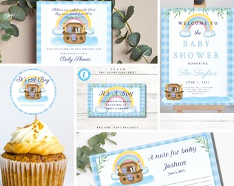 May include: A blue and white checkered baby shower invitation with a rainbow, clouds, and a Noah's Ark with animals. The text reads "Welcome to the Baby Shower Honoring The Taylors June 3, 2023".