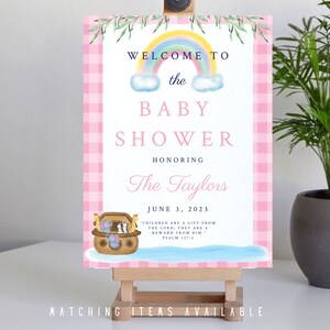 Placa de boas-vindas para chá de bebê da Arca de Noé, placa de boas-vindas para chá de bebê editável para meninas, bebê arco-íris