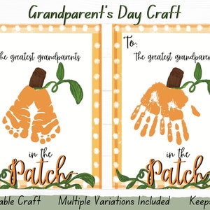 Manualidad de otoño con huellas de manos para abuelos, manualidad para el día de los abuelos, manualidad con huellas de manos para bebés y niños pequeños, manualidad de calabaza imprimible