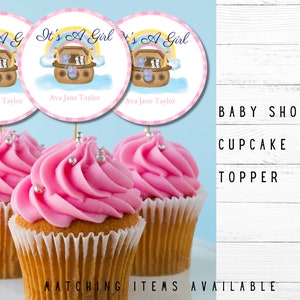It&#39;s A Girl Noah&#39;s Ark Baby Shower Cupcake Topper, Editable Baby Shower Cupcake Topper, Rainbow Baby Cupcake Topper