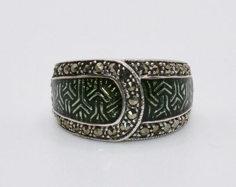 Vintage large unisex thick modern modernist Green Glass and Marcasite silver 925 ring size 7