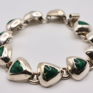 Vintage Unisex Taxco Mexico Sterling Silver Green Malachite Heavy Bracelet 25g 6.5&quot;