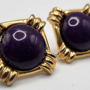 Vintage Art Deco Stud Earrings Amethyst Cabochon Pierced Matte Gold Tone