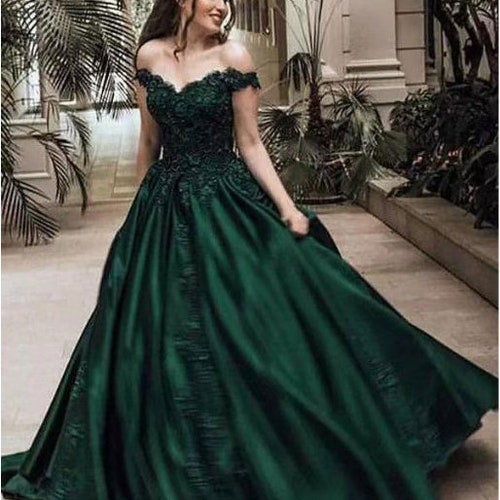 Green One-shoulder Lace V-neck Long Satin Prom Dress Ball Gown - Etsy