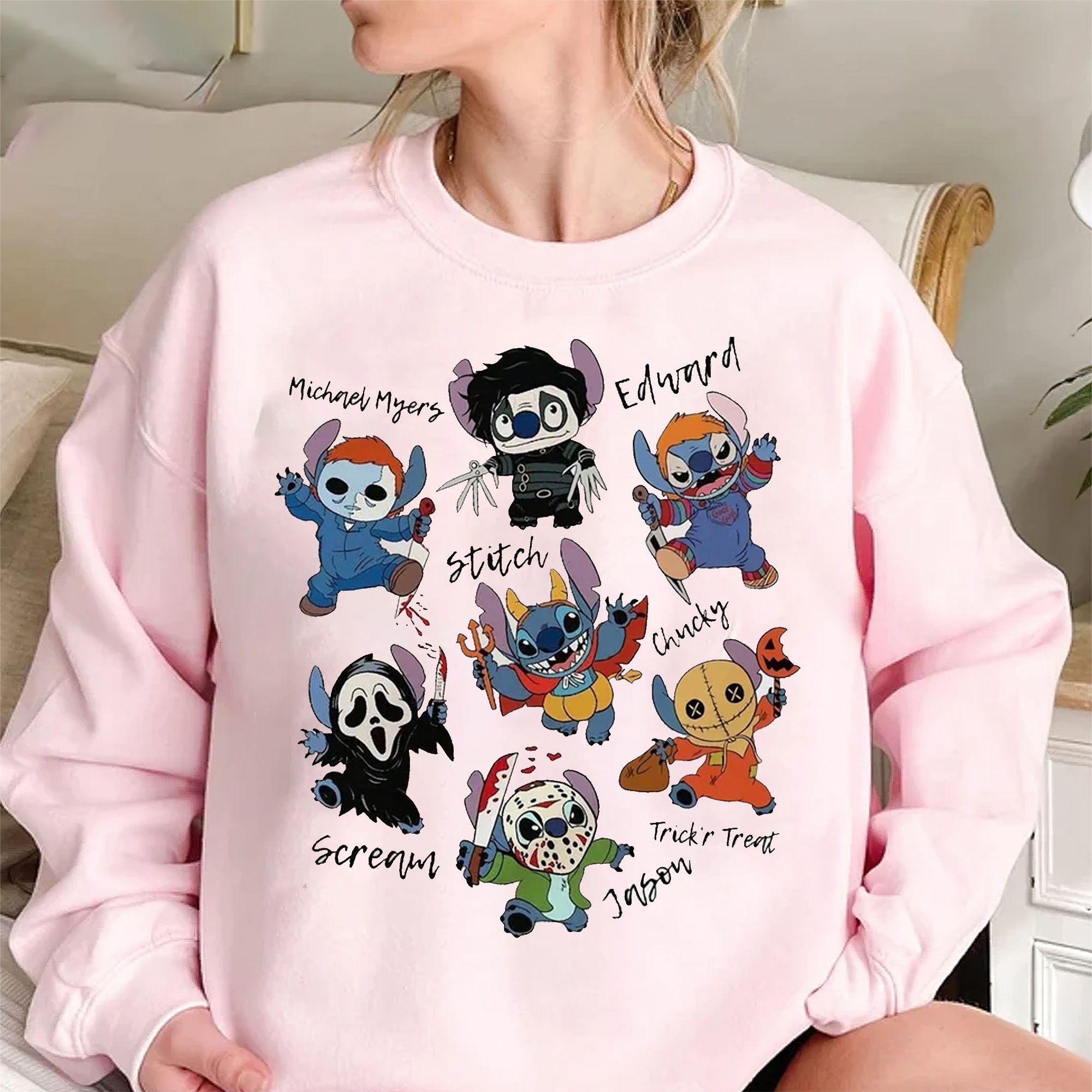 Stitch Horror Halloween Characters Sweatshirt, Horror Movie Michael Myers Sweatshirt