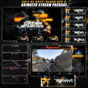 Könnte beinhalten: Animiertes Stream-Paket für Call of Duty: Black Ops 6. Das Paket enthält einen Stream-Startbildschirm, einen Intermissionsbildschirm und verschiedene Overlays für Spenden, Follower, Abonnenten und Raids. Das Paket verfügt über ein Schwarz-Orange-Farbschema mit einem militärischen Thema.