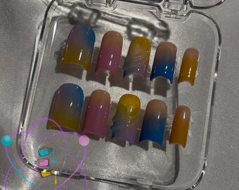 Blue Pink Yellow Ombré Press On Nails With 3D Art | Handmade Gel Nail Set