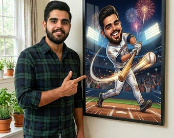 Retrato caricaturesco personalizado de béisbol / Dibujo deportivo personalizado de atleta (Descarga digital)