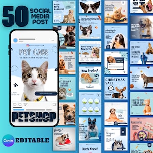 以下が含まれることがあります： ペットショップのソーシャルメディア投稿50件を示すデジタルグラフィック。投稿には、猫や犬など様々なペットが登場し、「Pet Care」や「Christmas Sale」などのテキストが表示されています。画像には「Petshop」と「Canva Editable」の文字が含まれています。