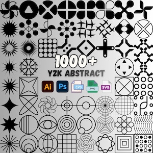 May include: A collection of over 1000 black Y2K abstract graphic elements. The image includes various shapes, icons, and symbols, along with file format icons for AI, PS, EPS, PNG, and SVG.