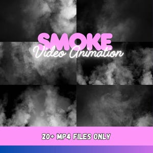 Może przedstawiać: Grafika cyfrowa przedstawiająca biały dym na czarnym tle. Słowo "SMOKE" jest w różowych literach, z "Video Animation" w białym skrypcie. Dolny baner głosi "20+ MP4 FILES ONLY".