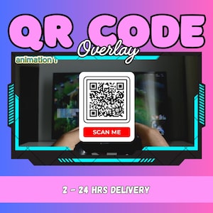 May include: A digital QR code overlay graphic featuring the text QR CODE Overlay, animation 1, and SCAN ME on a white square. The design includes a black frame with cyan accents, set against a pink and blue gradient background with text.