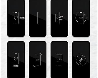 May include: A series of eight black smartphone screens with white graphics and text. The screens display animations and instructions to rotate the phone. The phrase "ROTATE YOUR PHONE ANIMATION" is at the bottom.