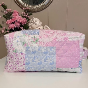 Large Quilted Floral Makeup Bag: Handmade Patchwork Cosmetic Pouch