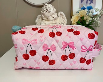 Large Quilted Make Up Bag Cherry Makeup Bag Handmade Aesthetic Cosmetic Bag Cosmetic Pouch Quilted Pouch Bridesmaid