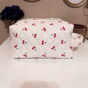 Quilted Cherry Print Makeup Bag - Cosmetic Travel Pouch, Toiletry Organizer
