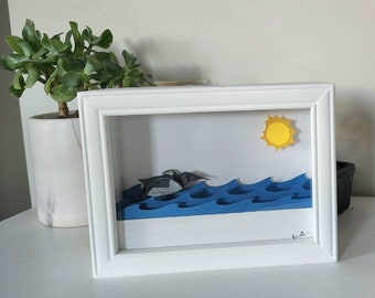 Origami Penguin art | Penguin swimming in ocean gift | 8 inch x 6 inch shadowbox