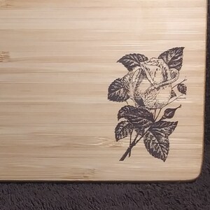 Rose engraved cheese board. Custom bamboo cutting board, charcuterie board 8” x 6” customizable options