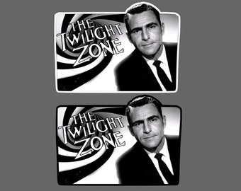 May include: Black and white image of a man in a suit, with the text "The Twilight Zone" in a swirling pattern behind him.