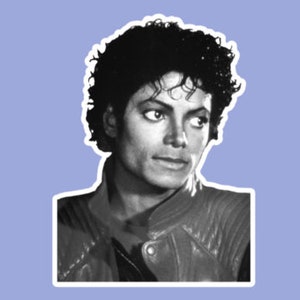 May include: Black and white sticker featuring a portrait of Michael Jackson. The image shows a close-up of his face and shoulders, with his signature curly hair and a leather jacket. The background is a light purple color.