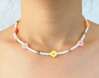 Pearl Necklace with Smiley Flower Beads, Y2K Trendy Jewelry