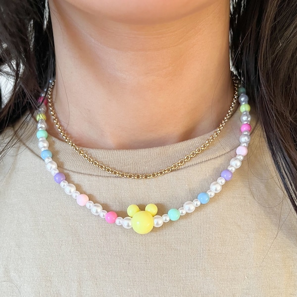 Pearl Necklace with Mickey Mouse Head Charm and Rainbow Beads, Y2K Trendy Disney Jewelry