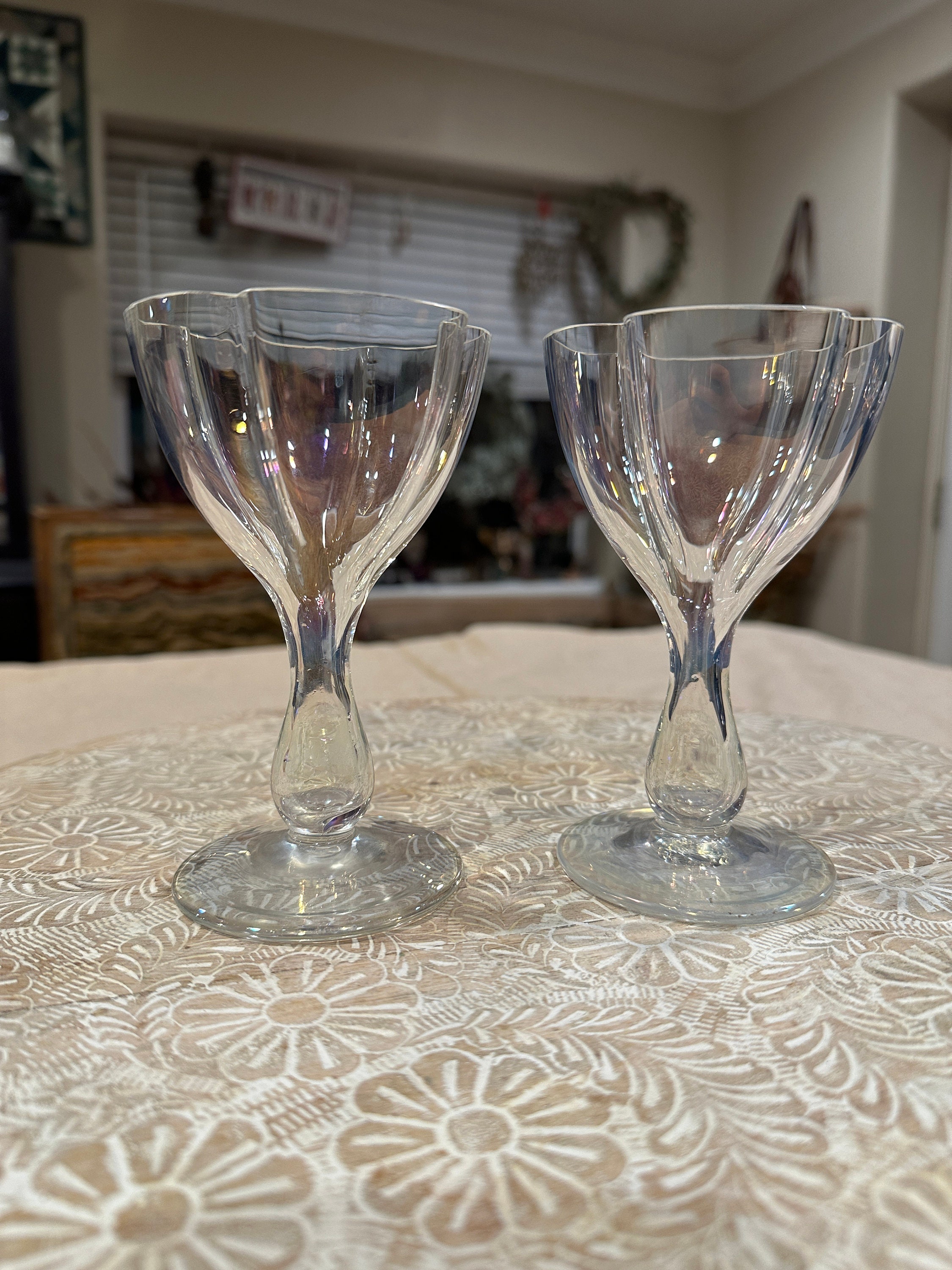 Designer Handblown Crystal Wine Glasses, Unique Iridescent Design