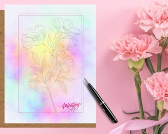 Valentine's Day Stationery Digital and Printable Download, Colorful, Floral, Marbled Background, Lined/Unlined Writing Paper,  8 x 11" In Sz